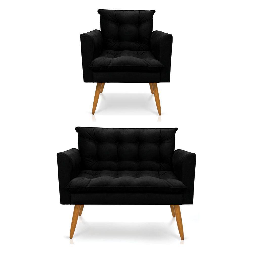 Kit Poltrona E Namoradeira 2 Lugares Olivia Suede Preto - 1