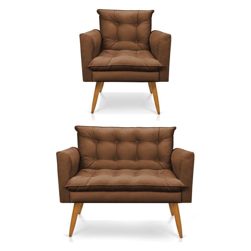Kit Poltrona E Namoradeira 2 Lugares Olivia Suede Marrom - 1