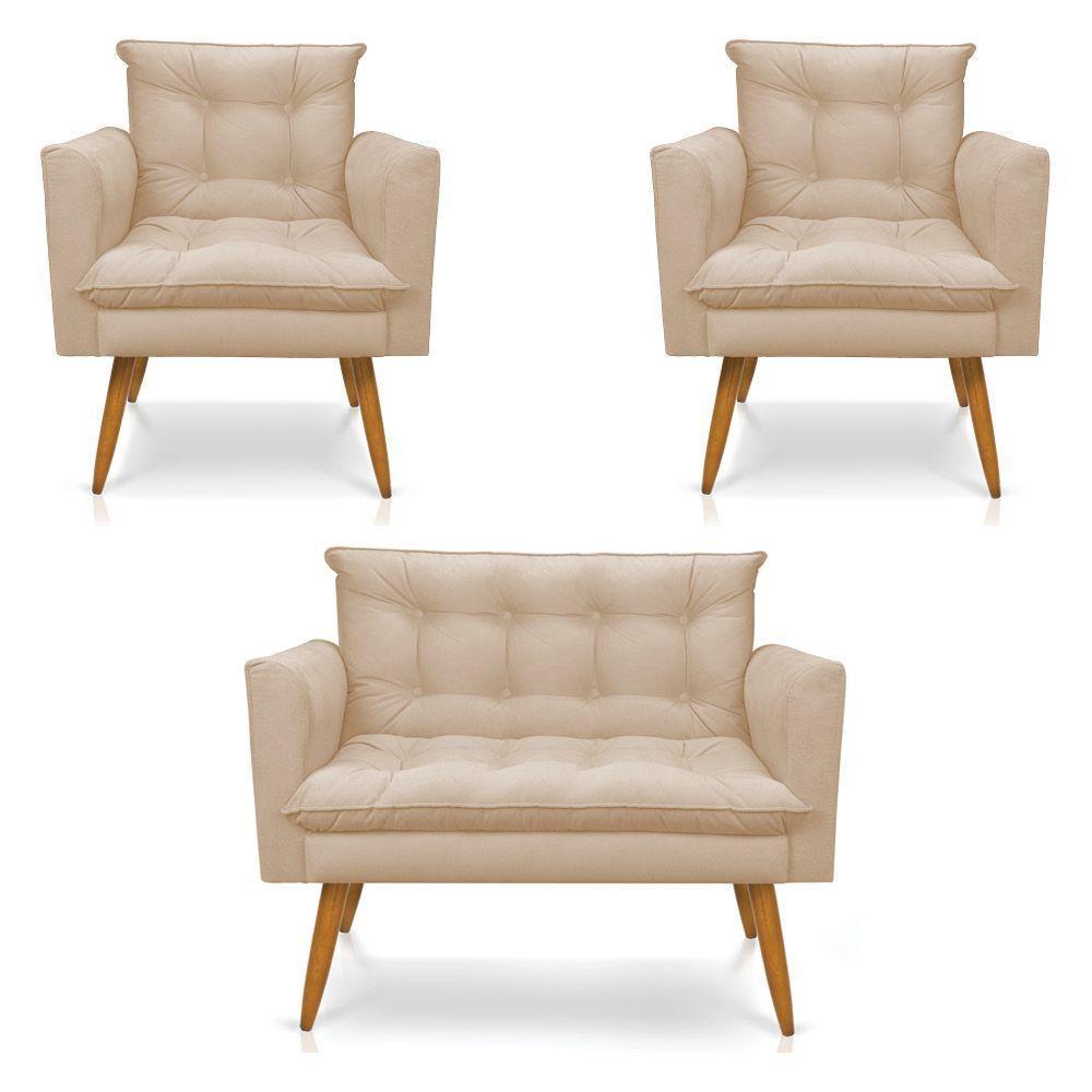 Kit 2 Poltronas E Namoradeira 2 Lugares Olivia Suede Bege - 1