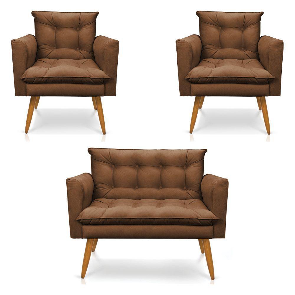 Kit 2 Poltronas E Namoradeira 2 Lugares Olivia Suede Marrom - 1
