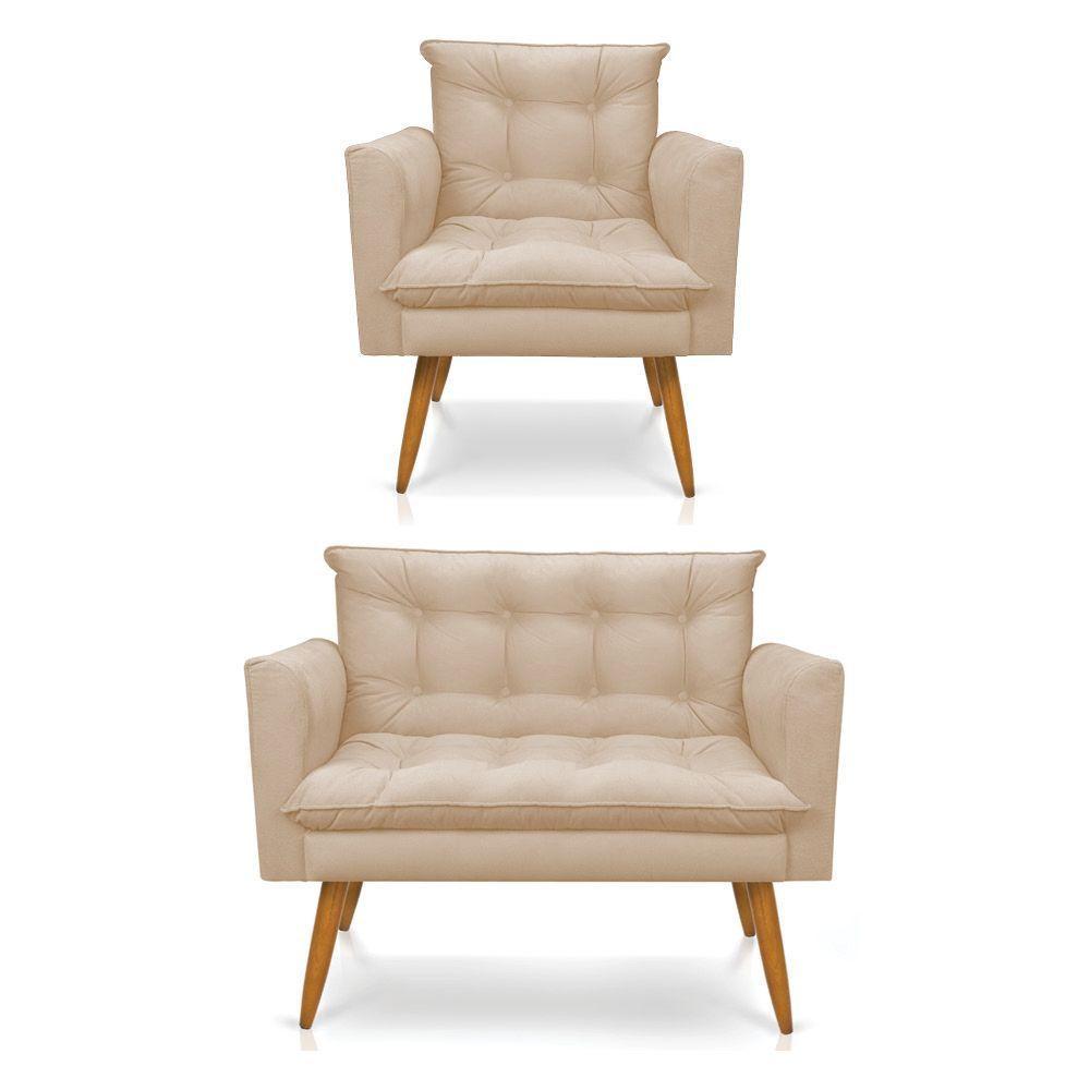 Kit Poltrona E Namoradeira 2 Lugares Olivia Suede Bege - 1