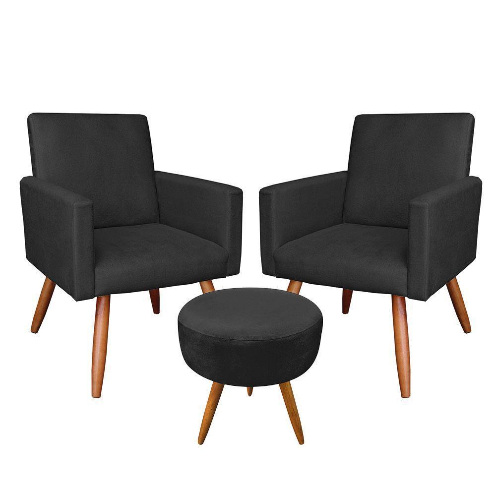 Kit 2 Poltronas E Puff Redonda Preto e Castanho - 1