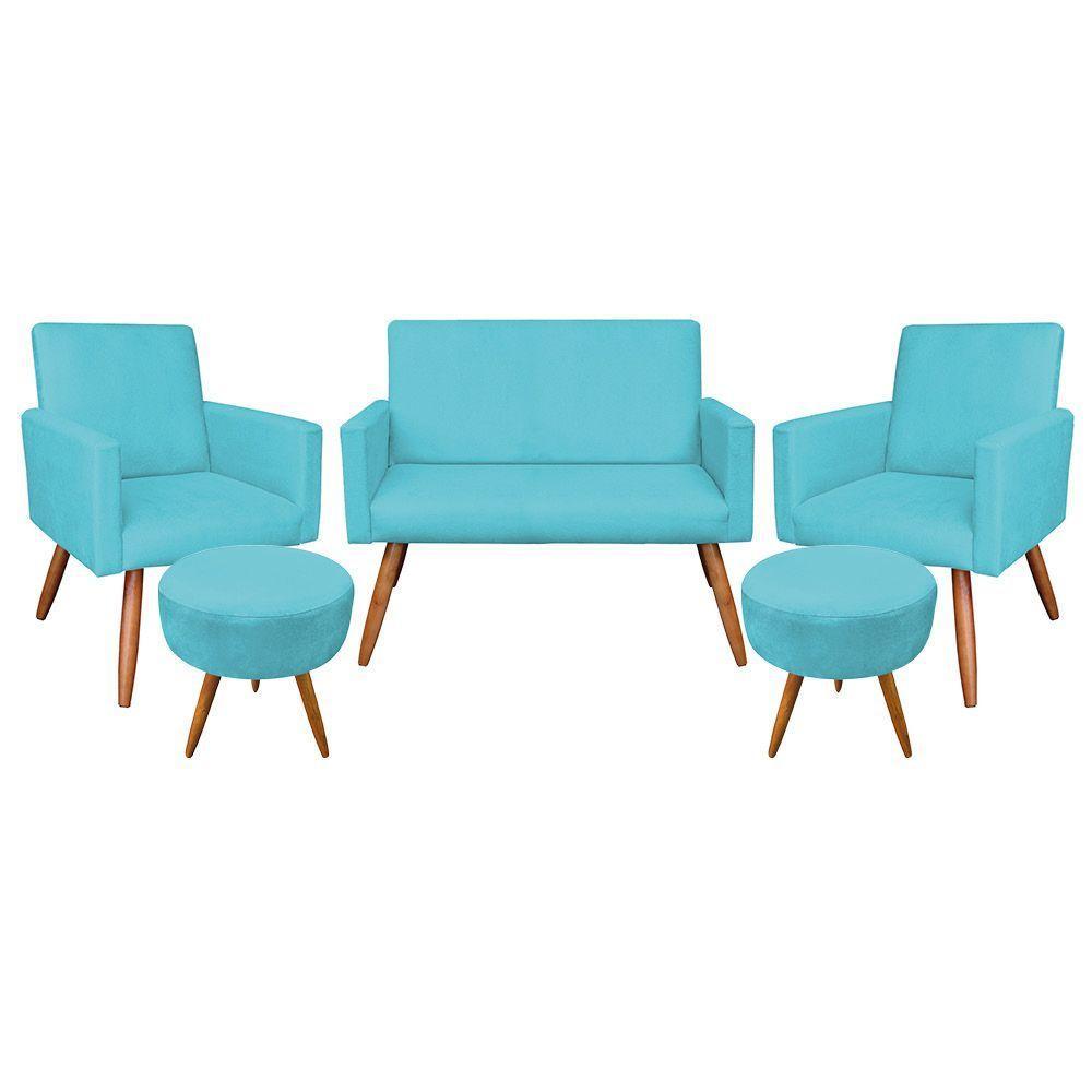 Kit Namoradeira 2 Poltronas E 2 Puffs Redondo Azul Turquesa - 1