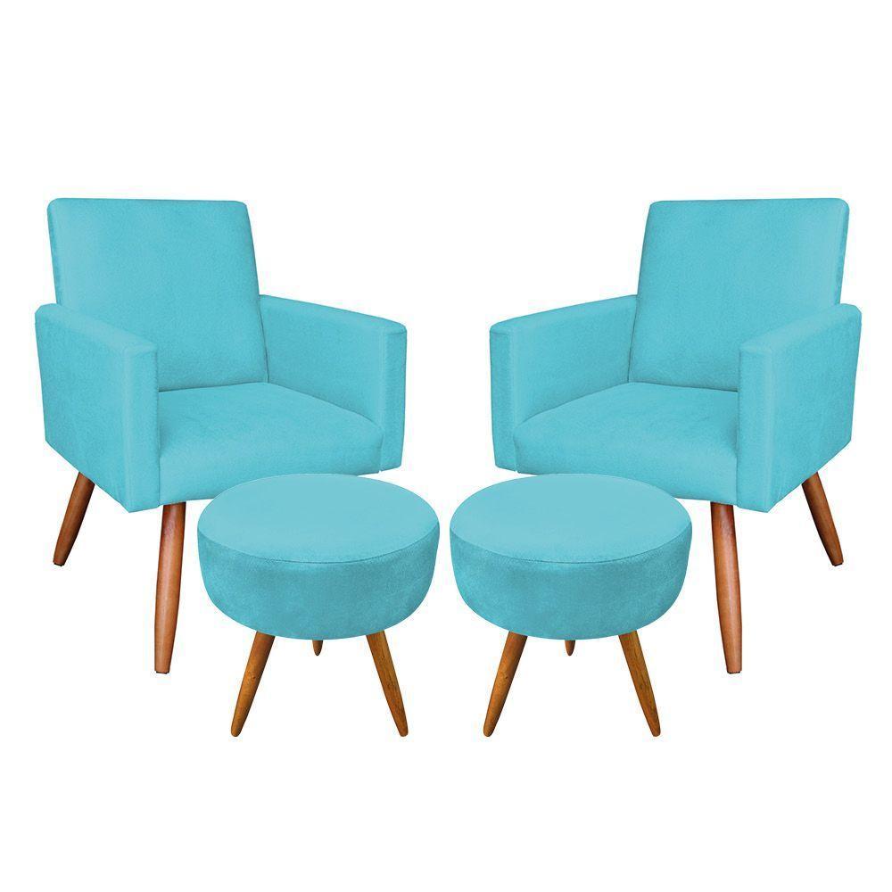 Kit 2 Poltronas E 2 Puffs Redonda Azul Turquesa e Castanho - 1