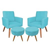 Kit 2 Poltronas E 2 Puffs Redonda Azul Turquesa e Castanho - 1