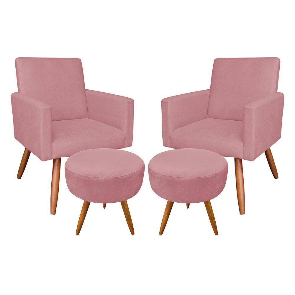 Kit 2 Poltronas E 2 Puffs Redonda Rosê e Castanho - 1