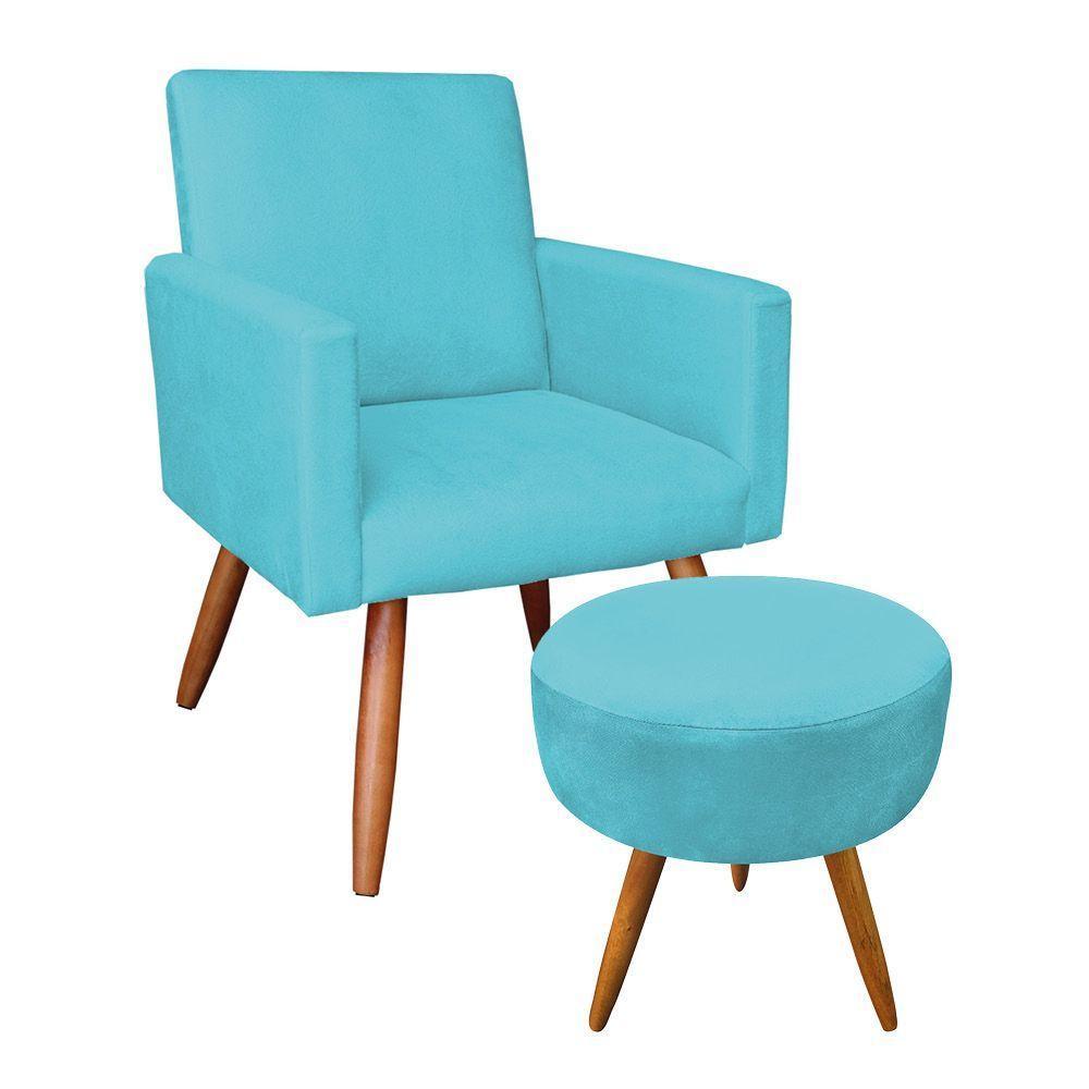 Kit Poltrona E Puff Redonda e Azul Turquesa - 1