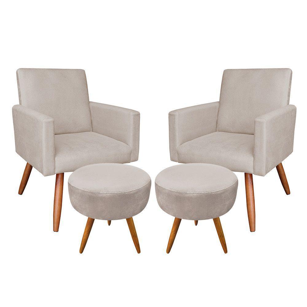 Kit 2 Poltronas E 2 Puffs Redonda Bege e Castanho - 1