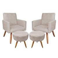 Kit 2 Poltronas E 2 Puffs Redonda Bege e Castanho - 1