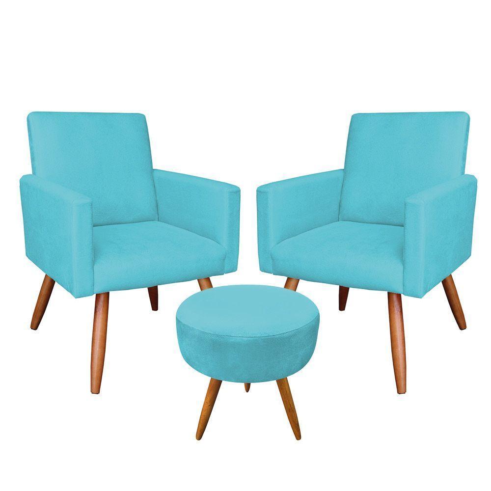 Kit 2 Poltronas E Puff Redonda e Azul Turquesa - 1