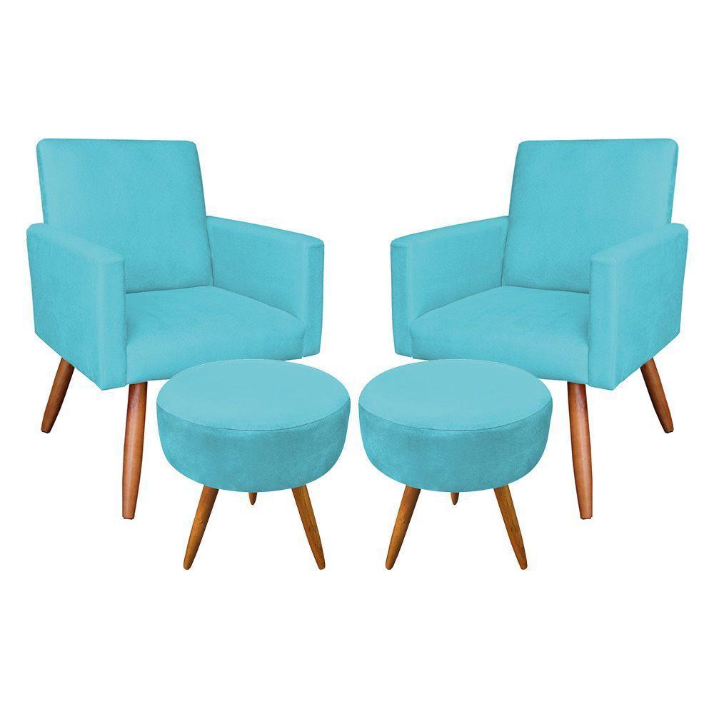Kit 2 Poltronas E 2 Puffs Redonda e Azul Turquesa - 1