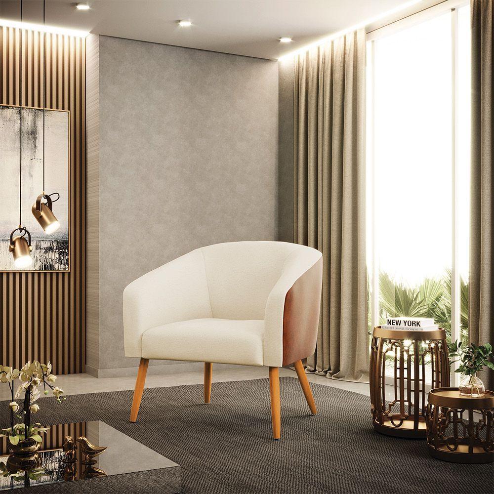 Poltrona Corano Nozes Com Linho Bege Pés Palito Castanho - 7