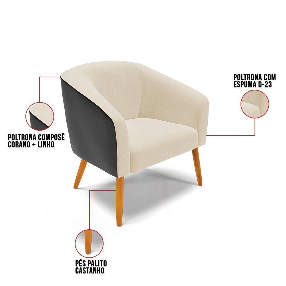 Poltrona Corano Preto Com Linho Bege Pés Palito Castanho - 3