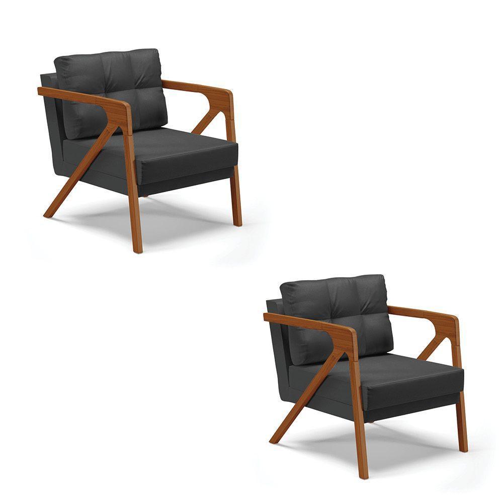 Kit 02 Poltronas Corino Preto Base De Madeira Castanho - 1