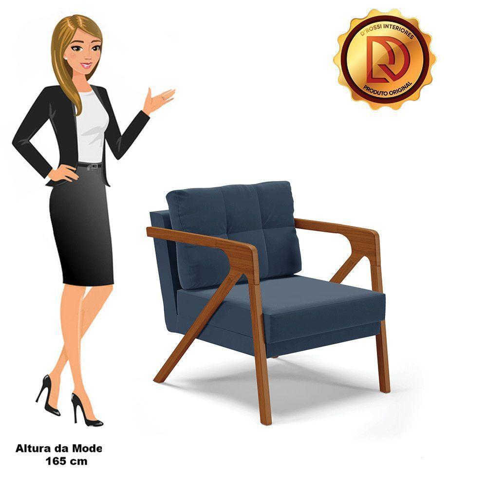 Poltrona Suede Azul Marinho Base De Madeira Castanho - 4