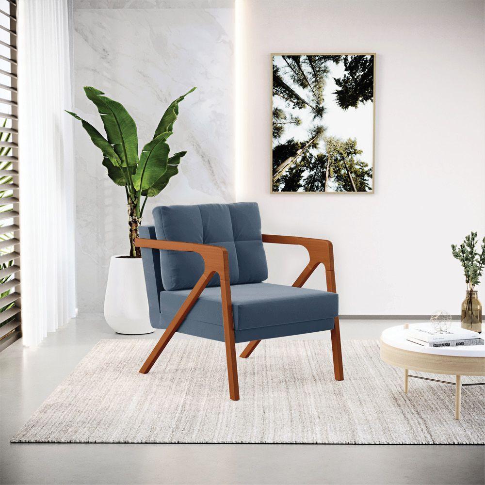 Poltrona Suede Azul Marinho Base De Madeira Castanho - 8