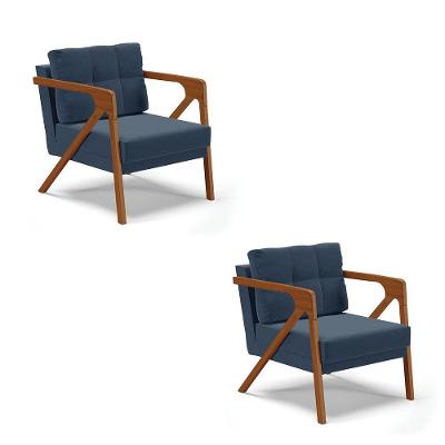 02 Poltronas Suede Azul Marinho Base De Madeira Castanho