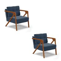 02 Poltronas Suede Azul Marinho Base De Madeira Castanho - 1