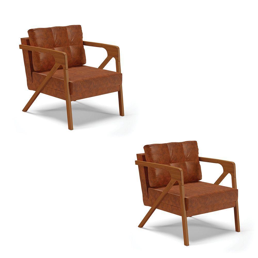 Kit 02 Poltronas Corano Nozes Base De Madeira Castanho - 1