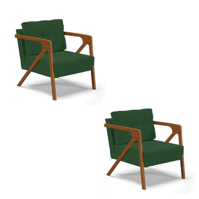 Kit 02 Poltronas Veludo Base De Madeira Castanho Verde