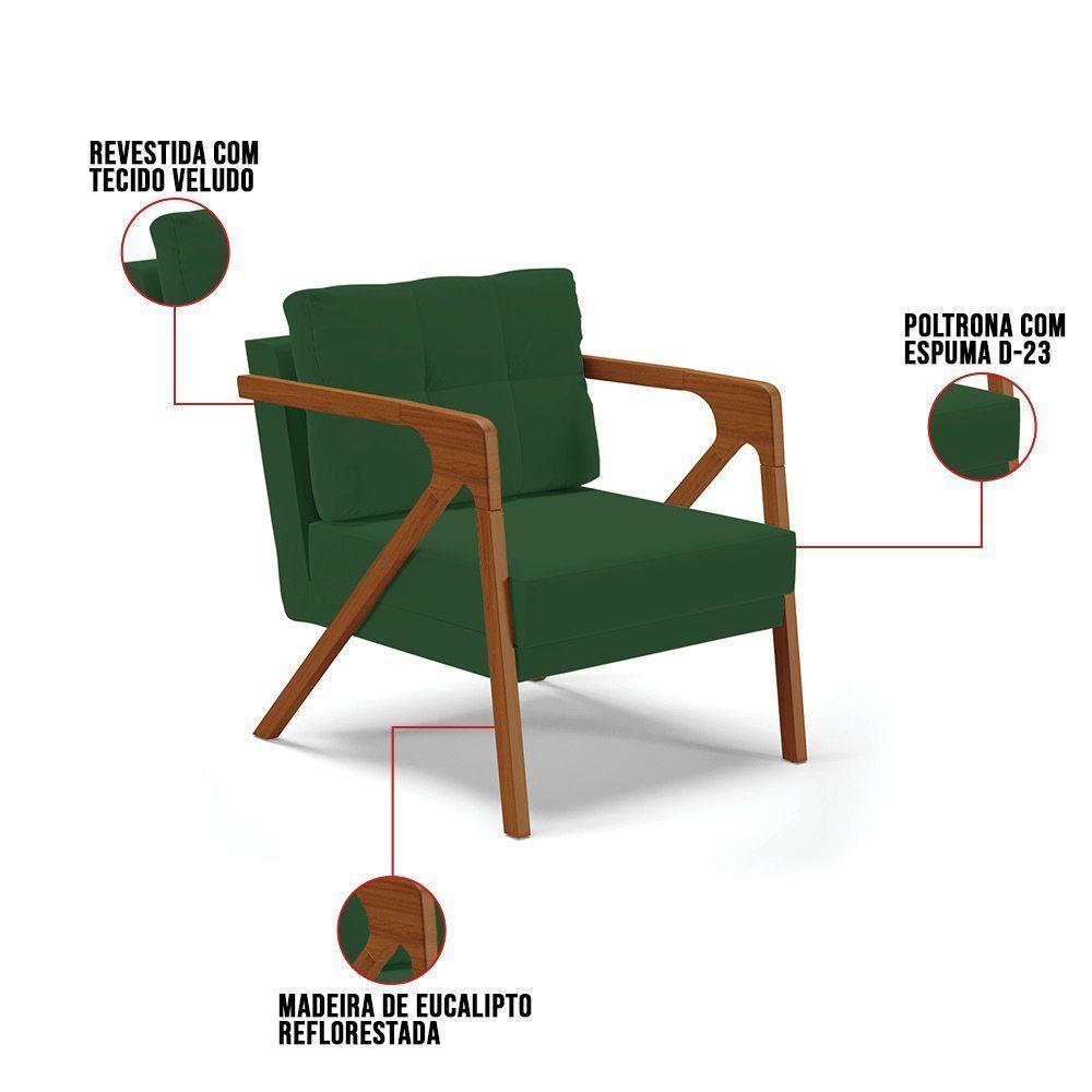 Kit 02 Poltronas Veludo Verde Base De Madeira Castanho - 3