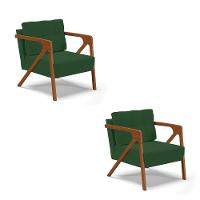 Kit 02 Poltronas Veludo Verde Base De Madeira Castanho - 1
