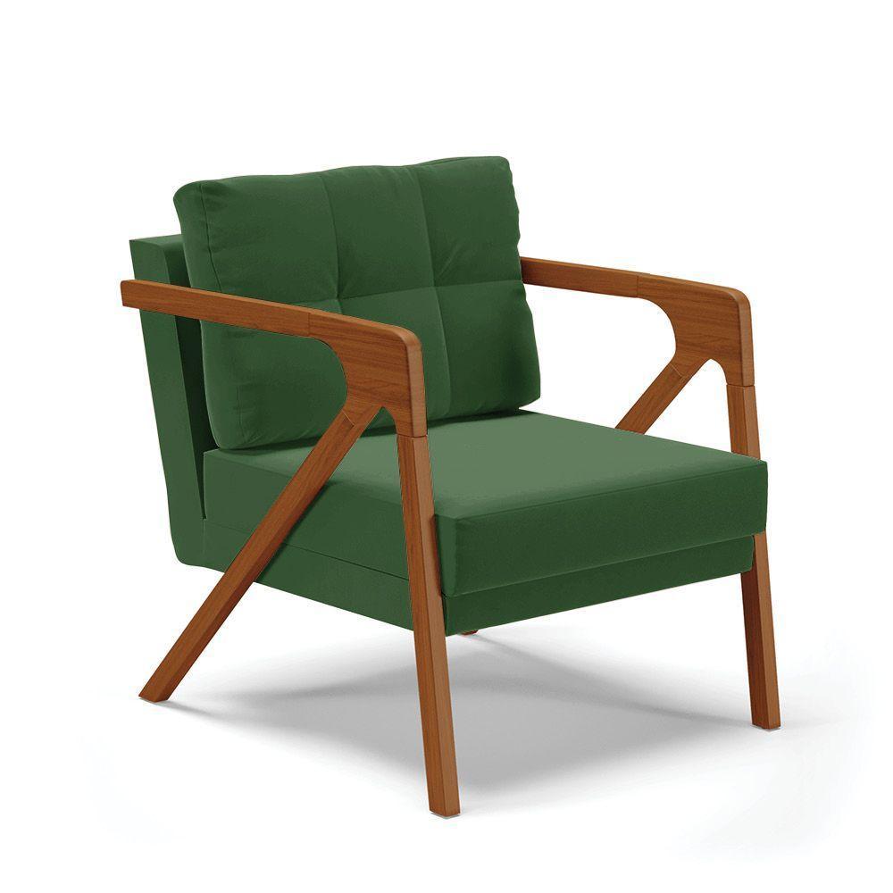 Poltrona Melissa Suede Base De Madeira Castanho Cor Verde - 1
