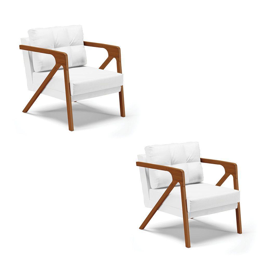 Kit 02 Poltronas Corino Base De Madeira Castanho Branco - 1