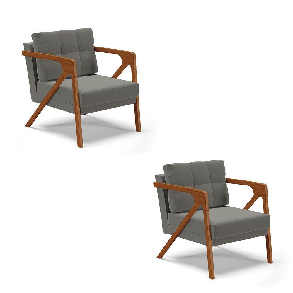 Kit 02 Poltronas Suede Grafite Base De Madeira Castanho - 1