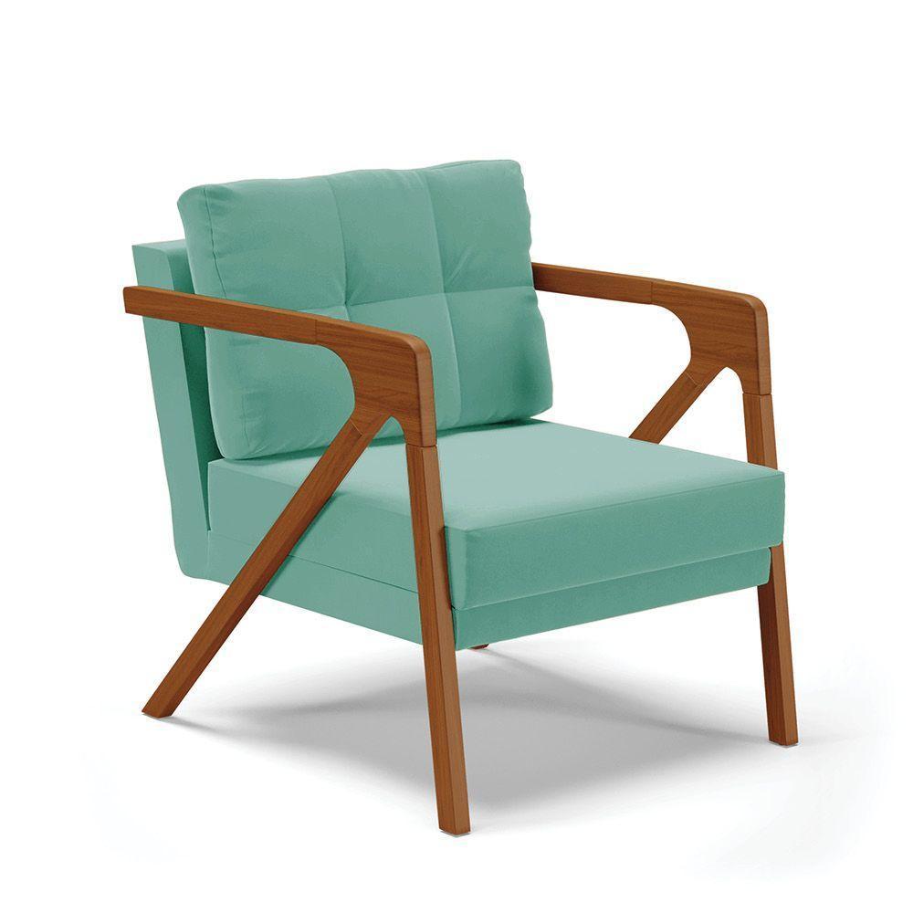 Poltrona Suede Base De Madeira Castanho Azul Turquesa - 1