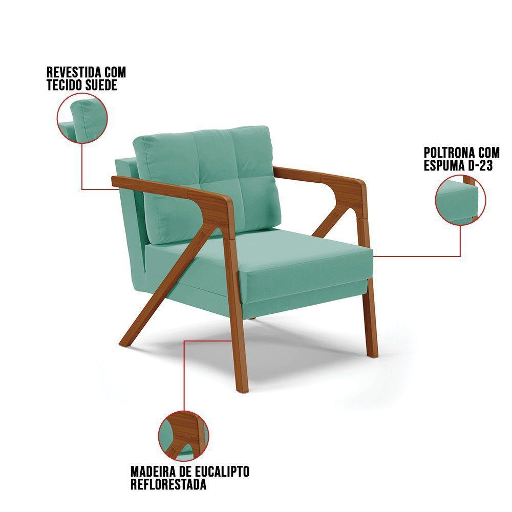 Poltrona Suede Base De Madeira Castanho Azul Turquesa - 3
