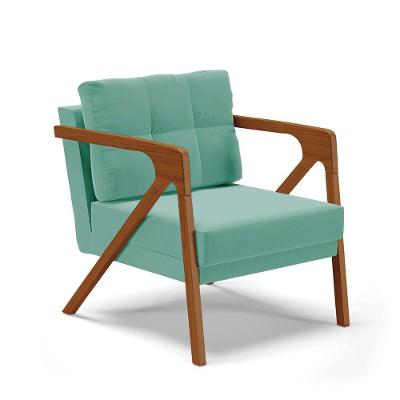 Poltrona Suede Base De Madeira Castanho Azul Turquesa