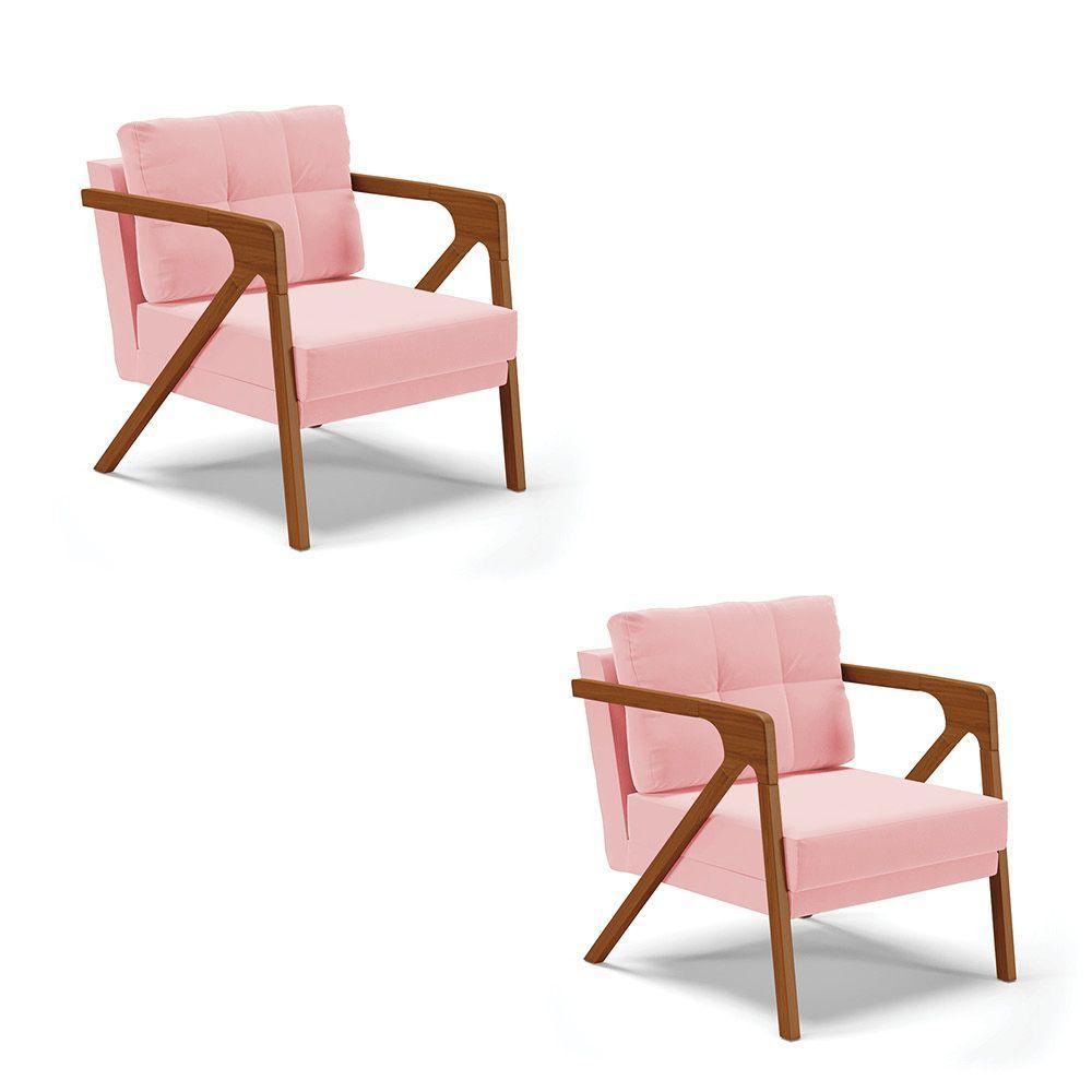 Kit 02 Poltronas Suede Base De Madeira Castanho Rosa Bebê - 1