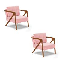 Kit 02 Poltronas Suede Base De Madeira Castanho Rosa Bebê - 1