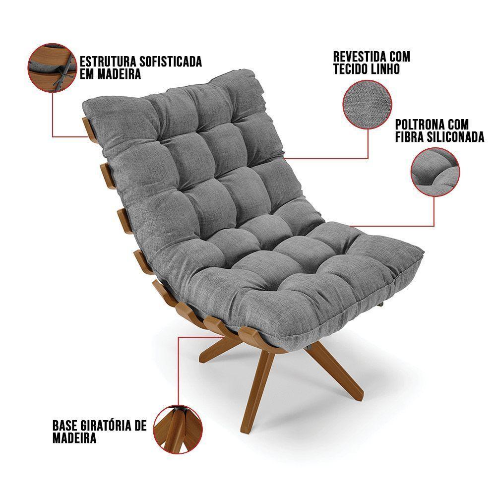 Kit 02 Poltronas Giratória Costela Linho A26 Grafite - 3