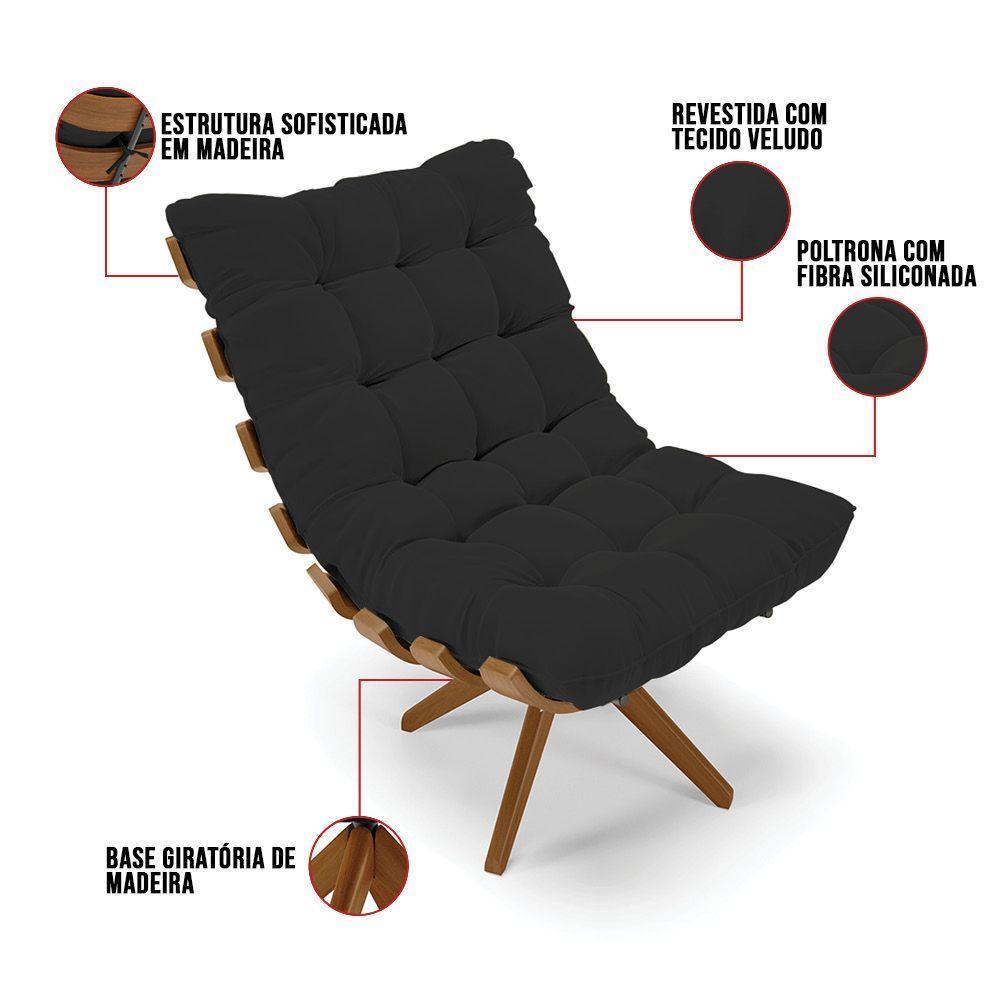 Kit 2 Poltronas Giratória Veludo Preto Base Madeira D'rossi - 3