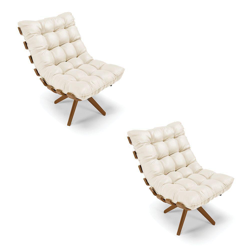 Kit 02 Poltronas Giratória Costela Corino Bege Base Madeira - 1