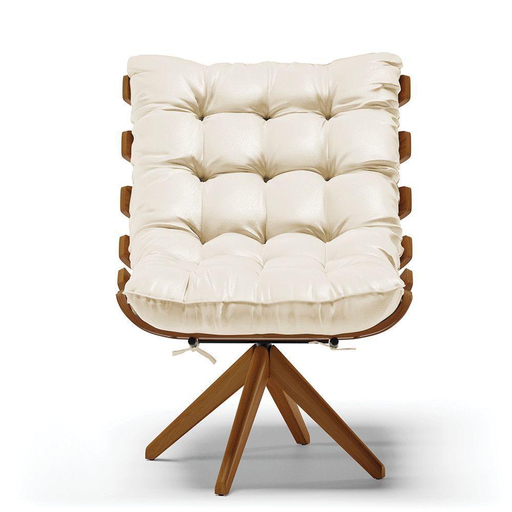 Kit 02 Poltronas Giratória Costela Corino Bege Base Madeira - 7