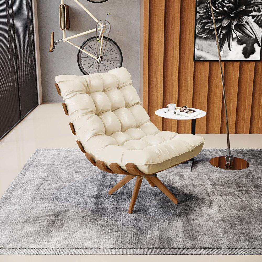 Kit 02 Poltronas Giratória Costela Corino Bege Base Madeira - 8