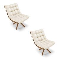 Kit 02 Poltronas Giratória Costela Corino Bege Base Madeira - 1