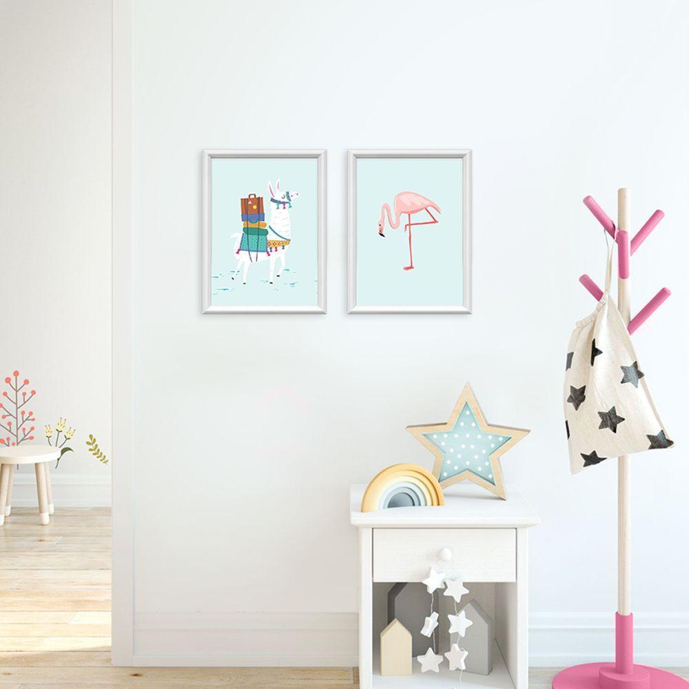 Kit 2 Quadros Decorativos Lhama E Flamingo 34x44cm - 2