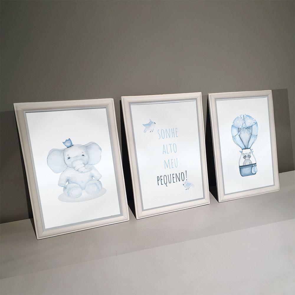 Kit 3 Quadros Decorativos Elefante Balão Azul 24x34cm - 1