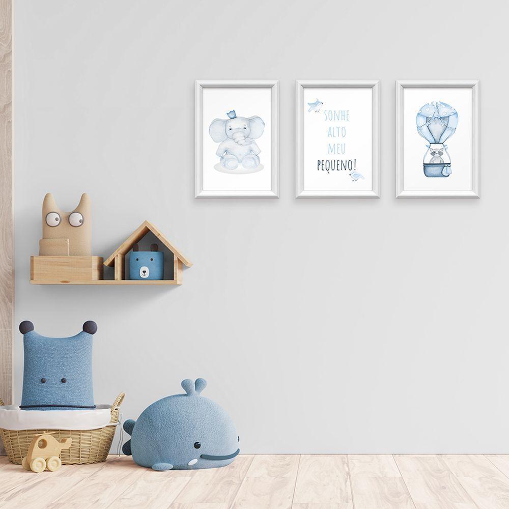 Kit 3 Quadros Decorativos Elefante Balão Azul 24x34cm - 2