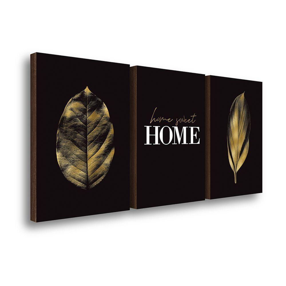 Kit 3 Quadros Decorativos Folhagem Home Ouro 40x60cm - 1