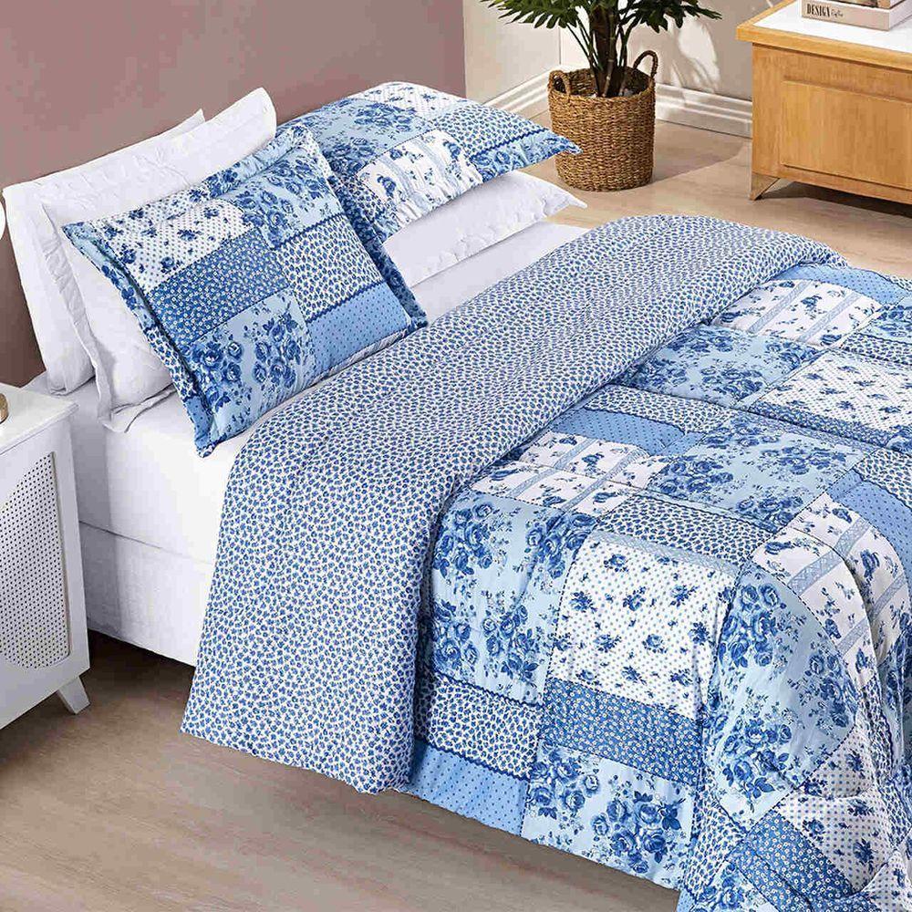 Edredom Ayla Casal Queen Tecido Dupla Face Microfibra 03 Peças - Azul Serene - 1