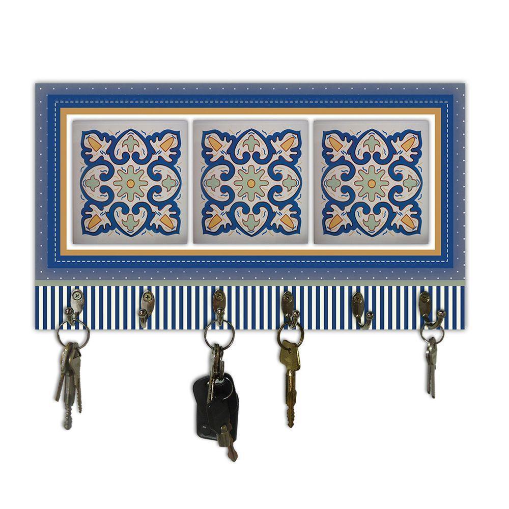 Cabideiro De Parede Porta Colar Chaves Cintos Azulejo Azul - 2