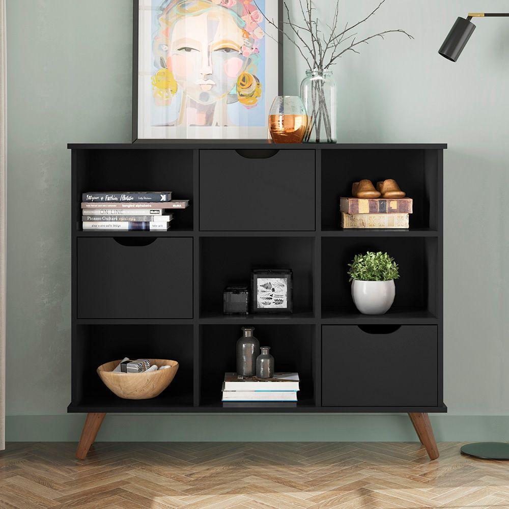 Nicho Organizador Preto Retrô Com Pés E 3 Gavetas Pretas - 4
