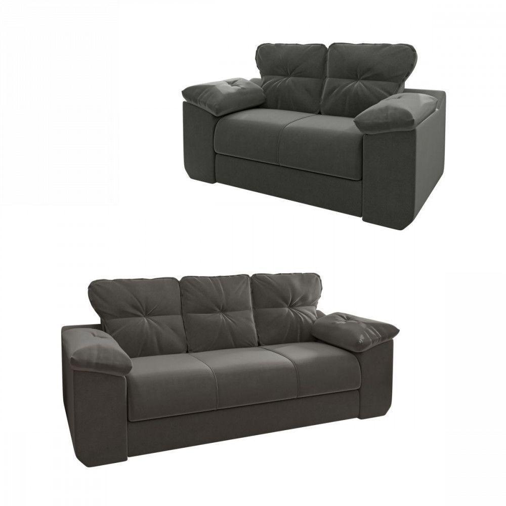 Conjunto Sofá 2 E 3 Lugares 1025 Veludo Cinza Mamflex Cinza - 1