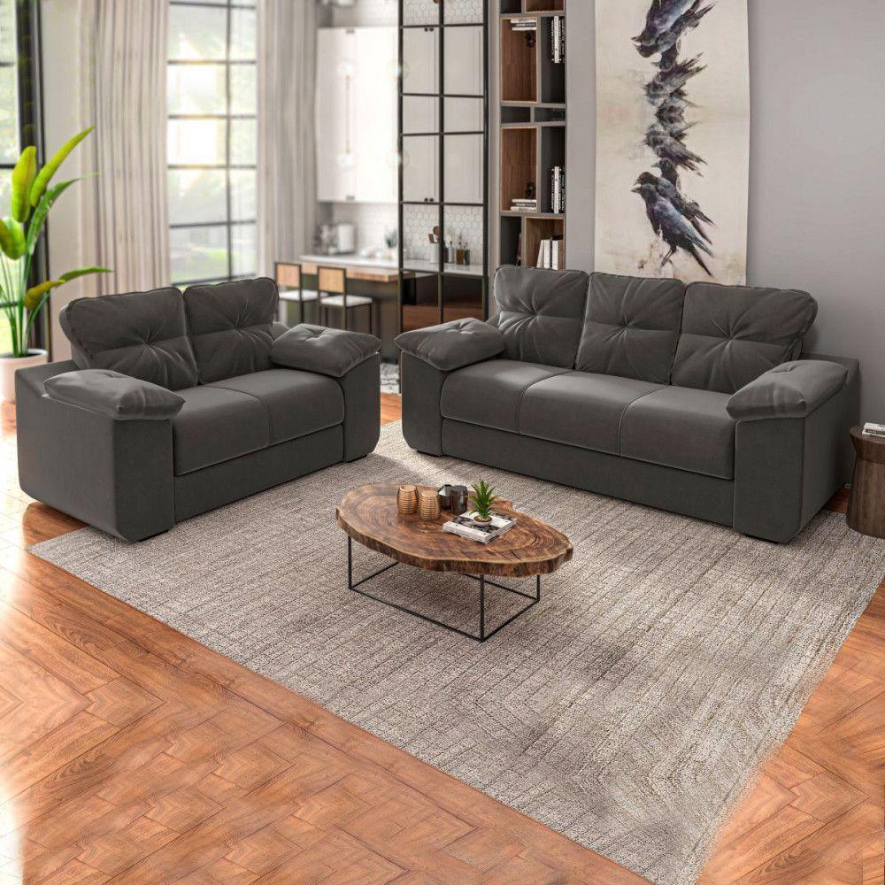 Conjunto Sofá 2 E 3 Lugares 1025 Veludo Cinza Mamflex Cinza - 6