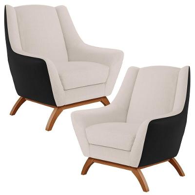 Kit 2 Poltronas Decorativas Juliet D02 Corino Preto Linho Cru Lyam Decor